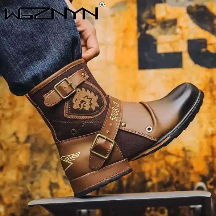 Bottines rétro pour hommes en cuir synthétique, talon faible, bout rond, fermeture éclair, style punk, bottes chelsea, occidentales, pour printemps/automne, grandes tailles, occasions spéciales