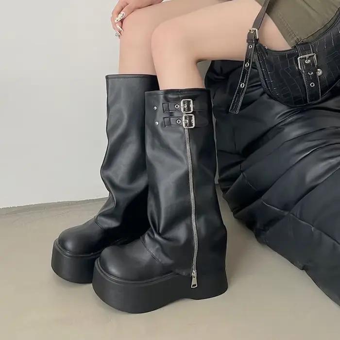 Bottes noires à plateforme pour femmes, à mi-mollet, avec boucle décorative, style décontracté, confortables pour un look urbain et occasions spéciales