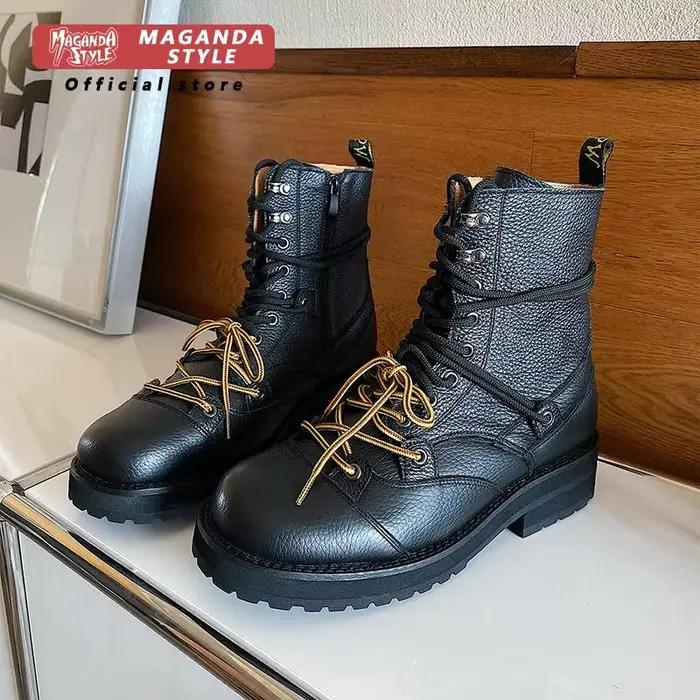 Couche de tête en peau de vache bottes courtes hommes à semelles épaisses hauteur augmentant parachutiste vêtements de travail conception fermeture éclair style à lacets chaussures de plein air