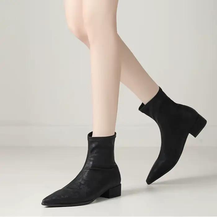 2025 nouvelles bottes chaussettes argentées à bout pointu pour femmes bottines à talons épais chaussures à enfiler