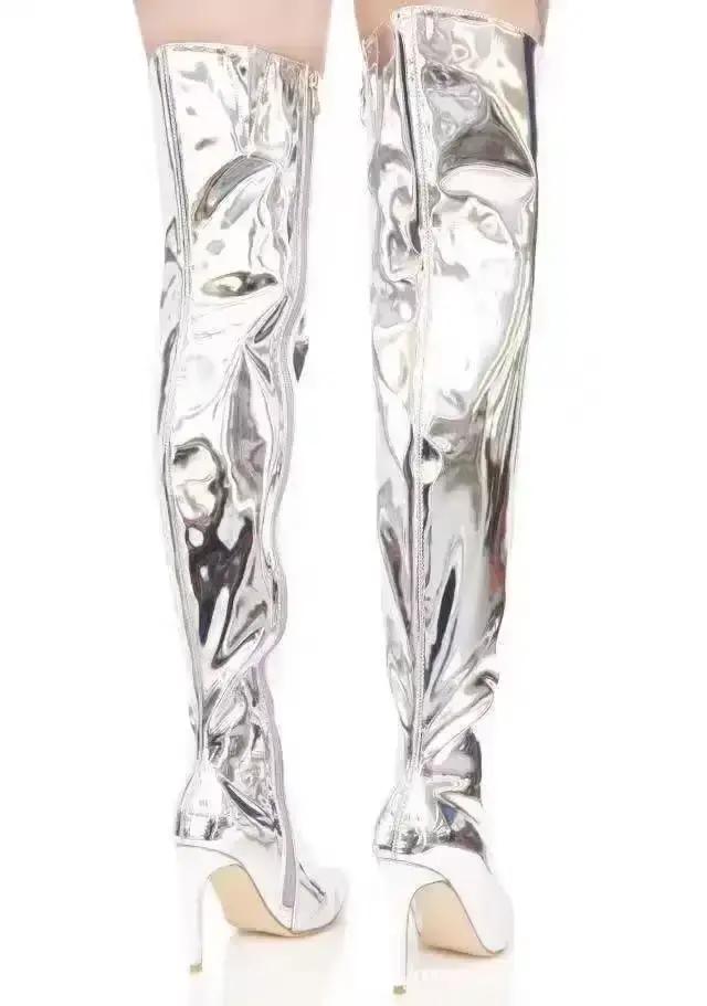 Bottes pour femmes à plateforme miroir, bout pointu, style punk, talons hauts et fins, longues, au-dessus du genou, automne-hiver, fermeture éclair, argentées, décontractées, pour soirée