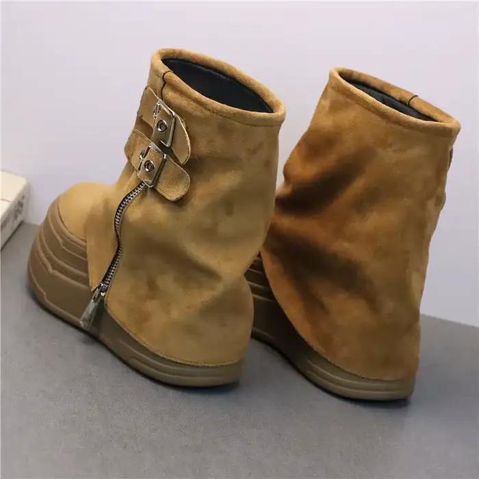 Bottines à talons plateforme pour femmes, baskets en cuir véritable, noir et marron, chaussures de moto, printemps-automne, 10CM 12CM