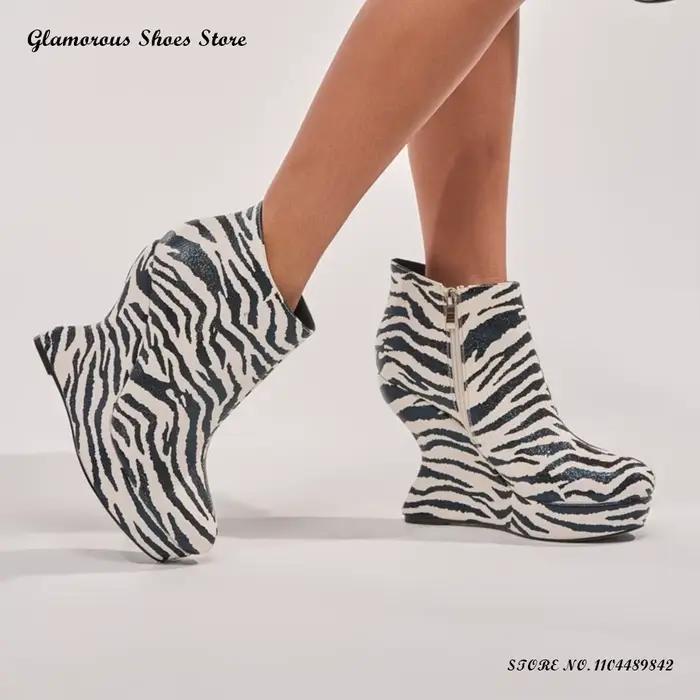 Bottines à plateforme à imprimé zèbre pour femmes, bout rond, talons de style original, chaussures de soirée, mode street style, grandes tailles, bottines à fermeture éclair.