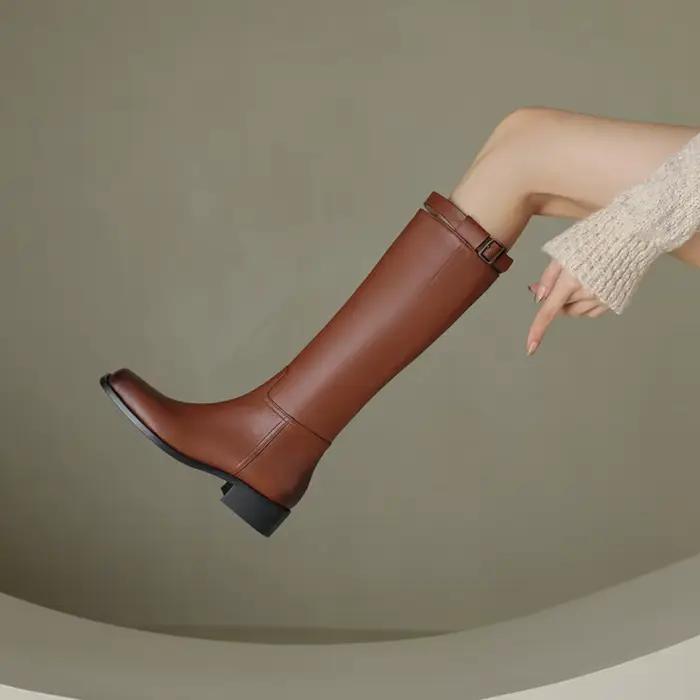 Botas De Mujer 2025 nouvelles femmes bottes en cuir véritable automne hiver rétro talon épais genou