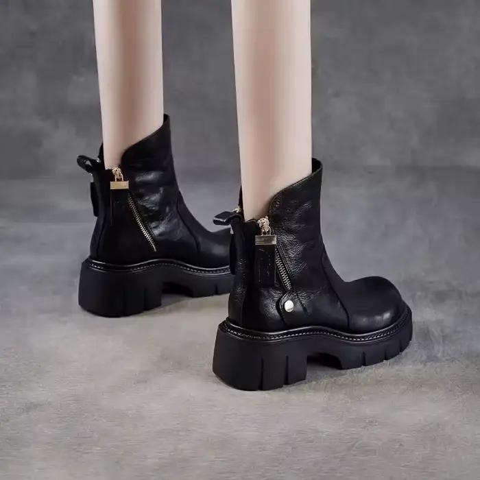 Bottines à talons hauts épais pour femmes, Style britannique, faites à la main, Design de luxe rétro, bottes à plateforme en cuir véritable de vache avec fermeture éclair