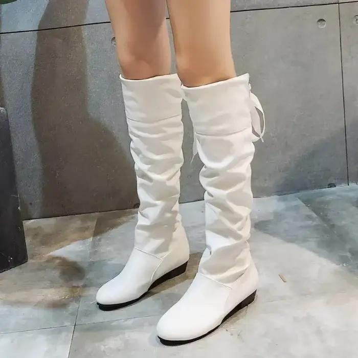 Bottes en cuir PU pour femmes, chaussures à la mode pour femmes, rouge, blanc, style Roma, longueur au genou, grande taille, 43, automne, hiver, nouveau, 2025