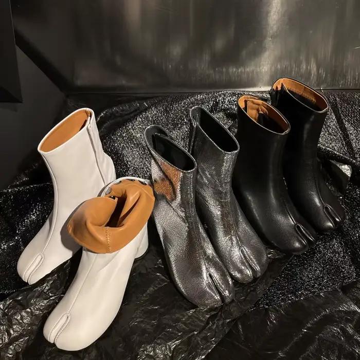 Bottines Tabi de luxe pour femme 2026 en cuir véritable à bout fendu, talon bloc épais, chaussures de soirée mode automne-hiver