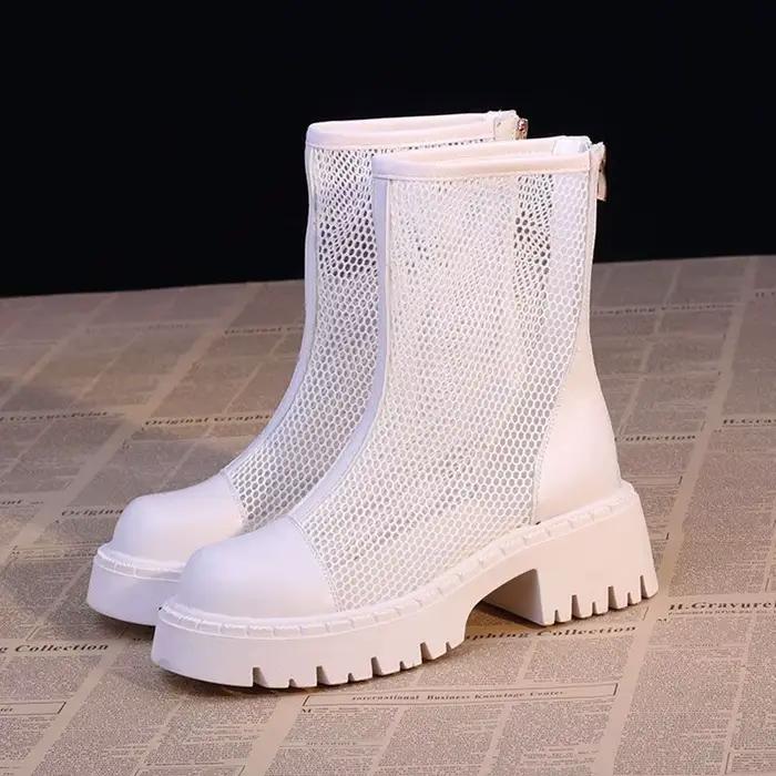 2025 femmes respirant bottines été évider épais dames talons hauts mode offre spéciale femme blanc bottes courtes De Mujer