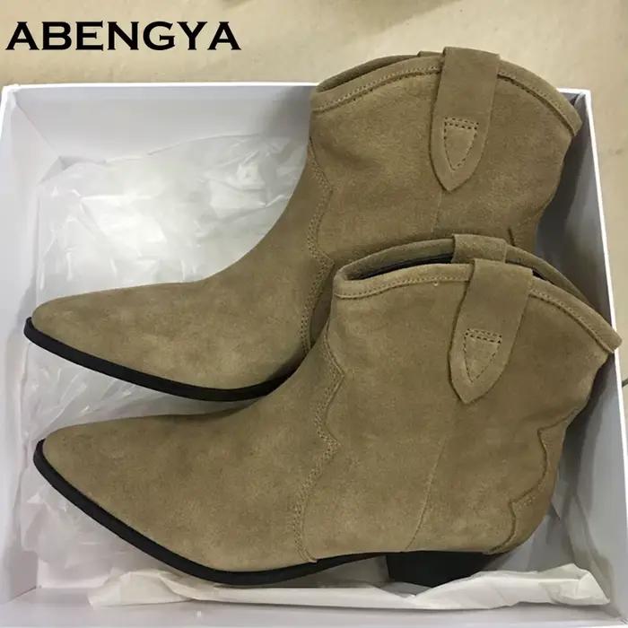 Bottes Chelsea en daim de vache pour femme, bout pointu, talon carré, sans lacets, confortables, pour les occasions spéciales et les journées printanières et automnales