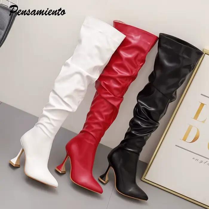 Cuissardes en cuir souple plissé pour femmes, chaussures au-dessus du genou, bout pointu, talons hauts, rouge, élégant, mode, automne, hiver