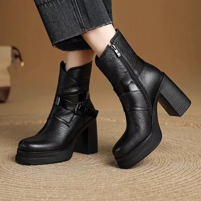 Chaussures d'hiver à talons blocs, bout rond, plateforme à fermeture éclair latérale, chaussons imperméables antidérapants, nouvelle collection
