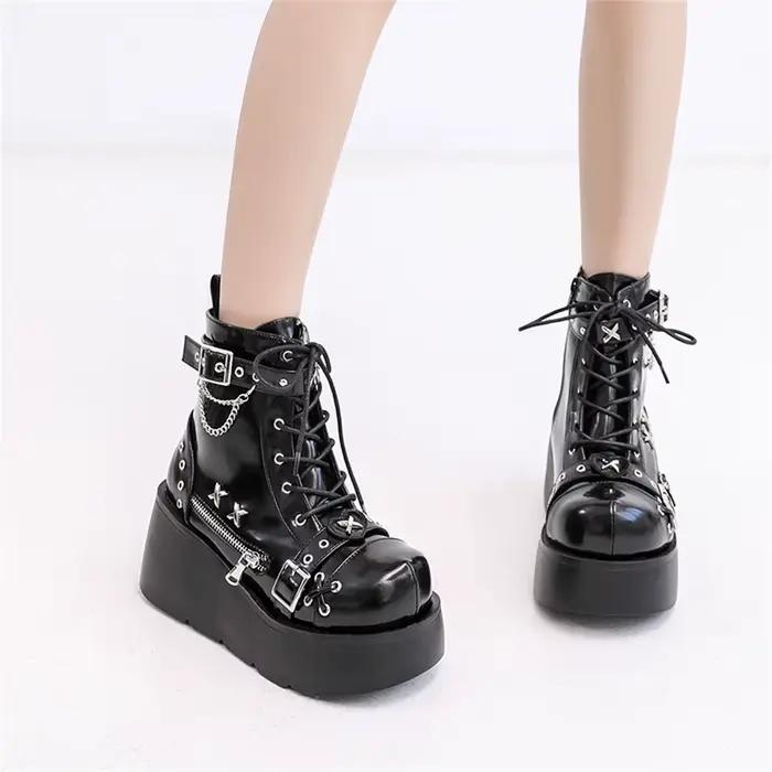 Nouvelles Bottes Gothiques à Plateforme pour Femmes, Style Punk avec Boucles, Fermetures Éclair et Rivets, Talons Compensés Hauts, Chaussures de Soirée et de Rue pour Femme