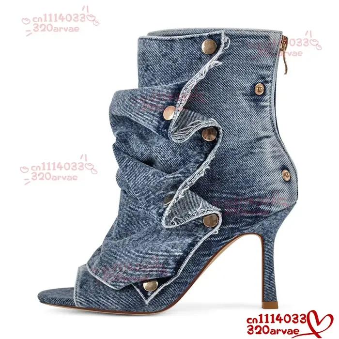 Bottes mi-mollet plissées à talon haut pour femme 2026 avec fermeture éclair arrière, en tissu à carreaux de style européen et américain, modèle bouche de poisson, tendance