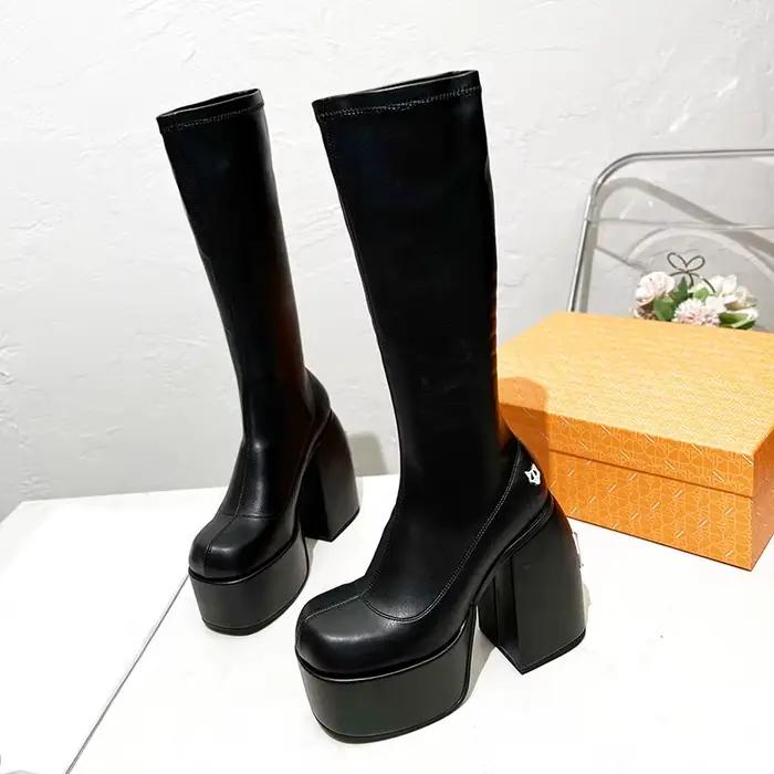 Bottes haute talon punk pour femmes bout carré talon carré mode hiver occassions spéciales