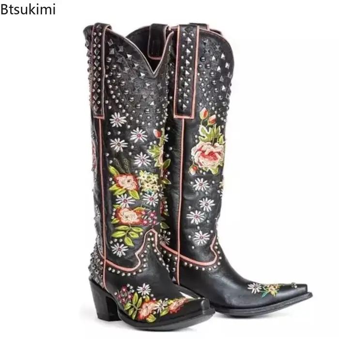 Nouvelles Bottes Western Brodées à Rivets pour Femme 2026 – Bout Pointu, Talons Carrés, Style Vintage Chevalier, Bottes de Cowgirl, Chaussures pour Femme