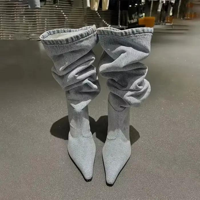 Bottes de cowboy en toile empilées bout pointu talons fins pour femmes printemps automne occassions spéciales