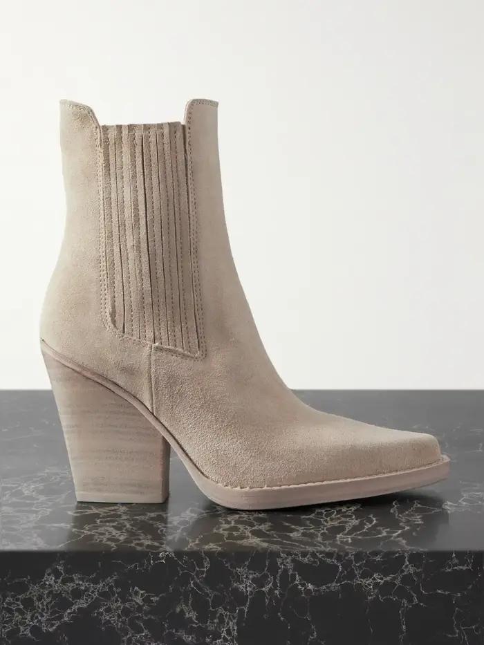 Bottines western en daim gris/noir/marron pour femme, à talon épais, décontractées, à bout pointu, nouvelle collection 2026, chaussures en cuir