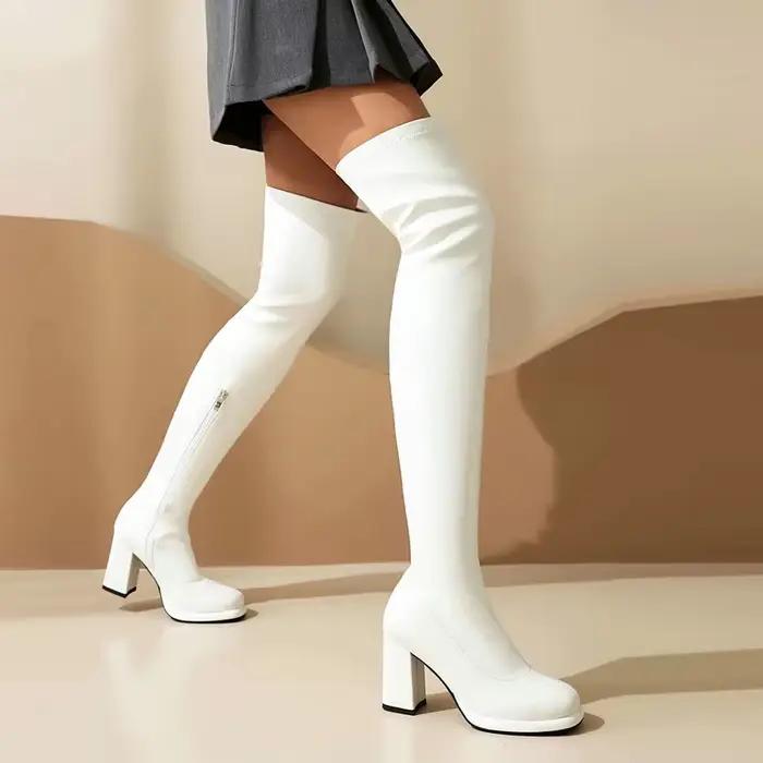 Cuissardes hautes femmes mode or argent bout rond fermeture éclair hiver automne bloc talons hauts sur les genoux