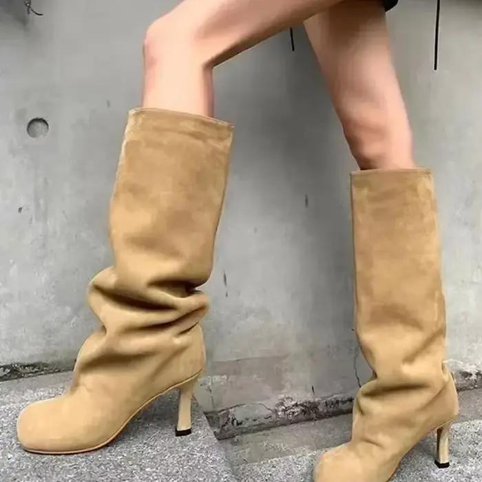 Bottes équestres en daim à bout carré pour femmes