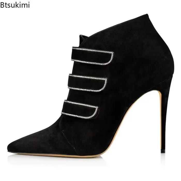 Bottines élégantes en daim pour femmes avec strass et talons fins pour soirée et sorties automnales
