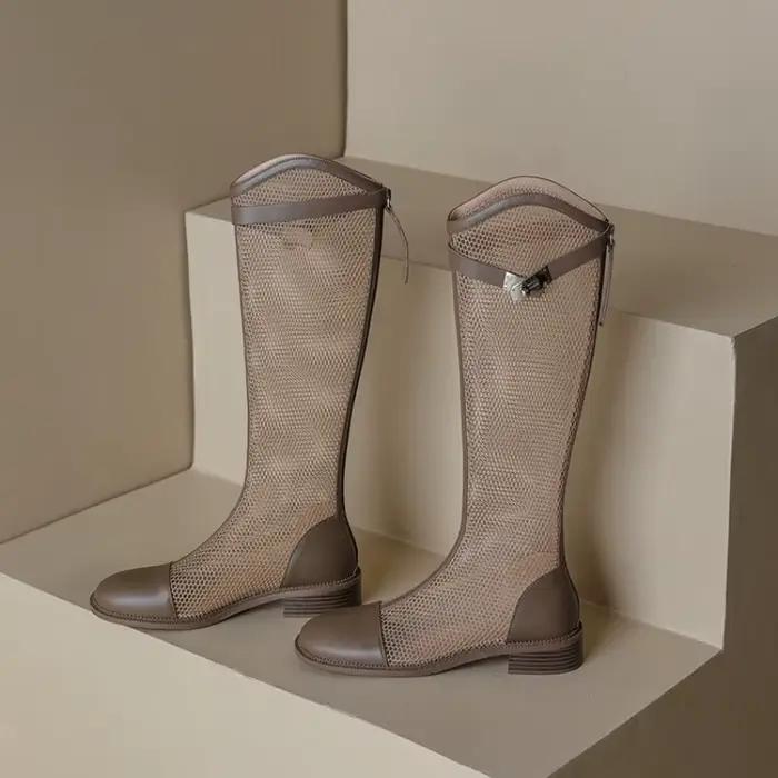 Femme été genou-haut maille bottes hautes femmes respirant maille chevalier bottes talon épais haut moto bottes Botas Mujer