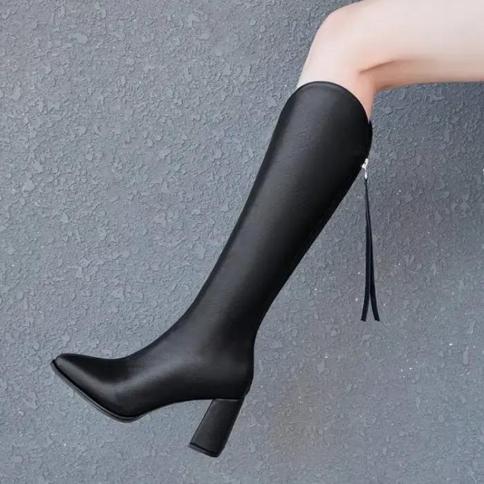 Cuir fourrure genou cuissardes chaussures pour femmes talon bout pointu noir talons hauts automne bottes longues femme hiver 2025 compensées chaud
