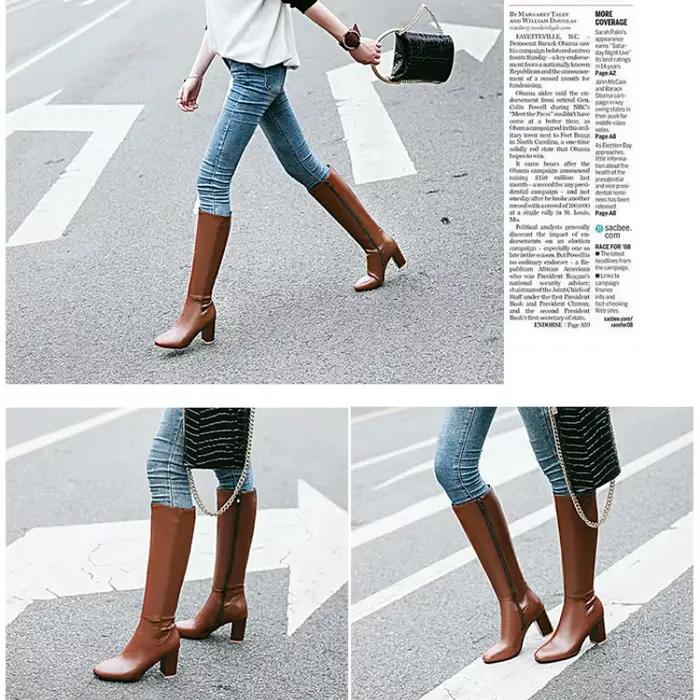 Mode marron hiver femmes genou bottes hautes en cuir PU bloc talons hauts grand botte longue femme fermeture éclair dames chaussures élégant 2025
