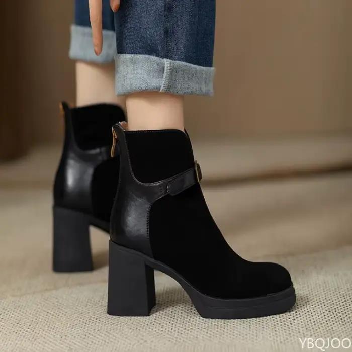 À la mode polyvalent semelle épaisse talon épais femmes bottes automne hiver élégant simple talons hauts loisirs