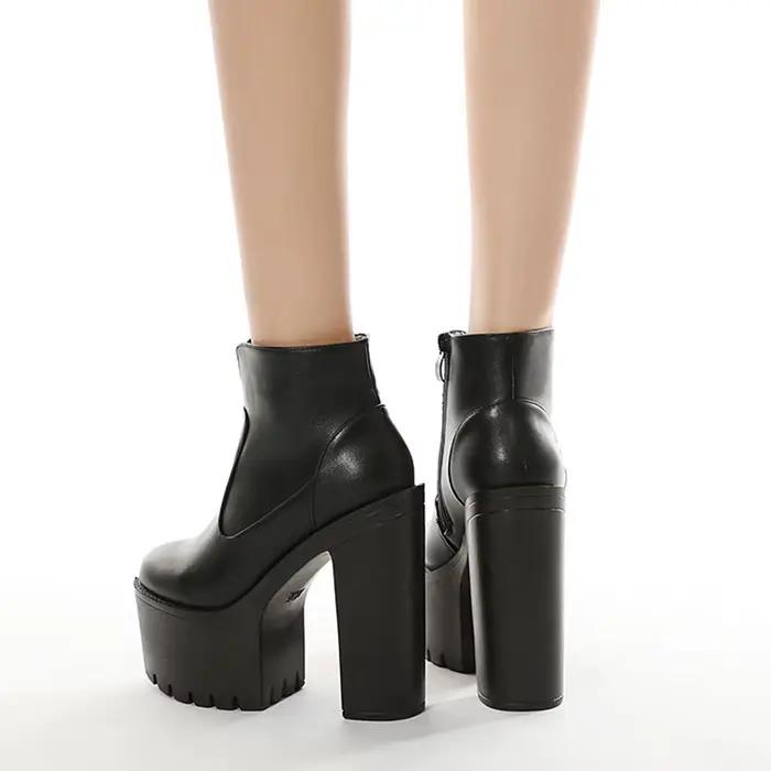 Gdgydh femmes couleur unie bloc bottes à talons mode côté fermeture éclair plate-forme bottes courtes confortable Faux cuir talons hauts pompes