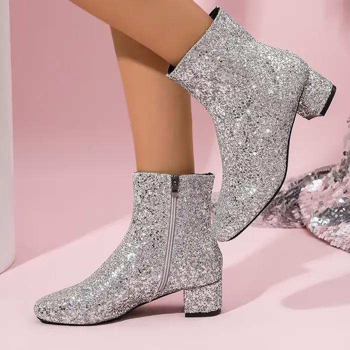 Bottines à paillettes argentées scintillantes pour femmes, bottes courtes à talons mi-épais avec fermeture éclair, bout rond, grande taille
