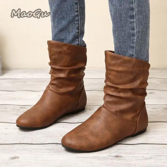 Taille 36-42 automne femmes en cuir bottes courtes sans lacet mode plissé bout rond talon bas