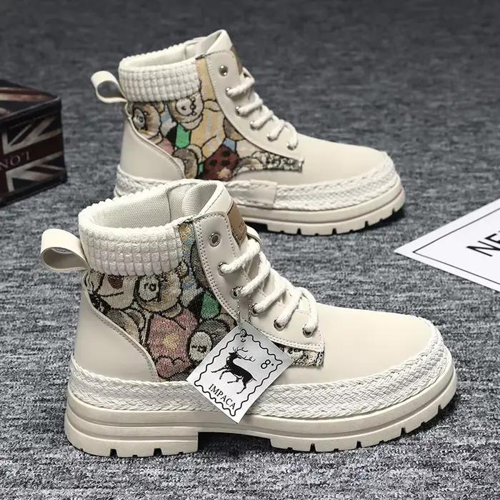 Bottes montantes, bottes de travail en paille à semelle épaisse, bottes décontractées tendance avec revers tricotés, bottes polyvalentes rehaussantes de style britannique pour les trajets en extérieur