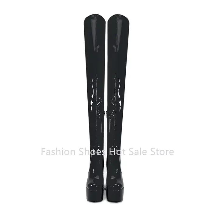 Bottines à plateforme en cuir verni pour femmes, talon très haut de 16 cm, bottes sexy pour la pole dance, bout rond, talon épais, bottes au-dessus du genou, 35-45