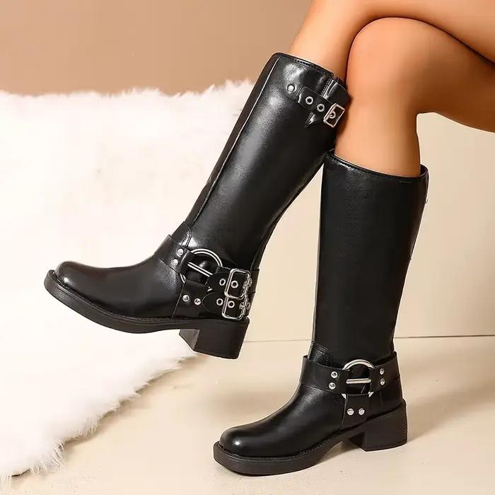 Bottes de Moto en Cuir Pu Marron Punk pour Femme Haut du Genou Automne Hiver Occasionnels