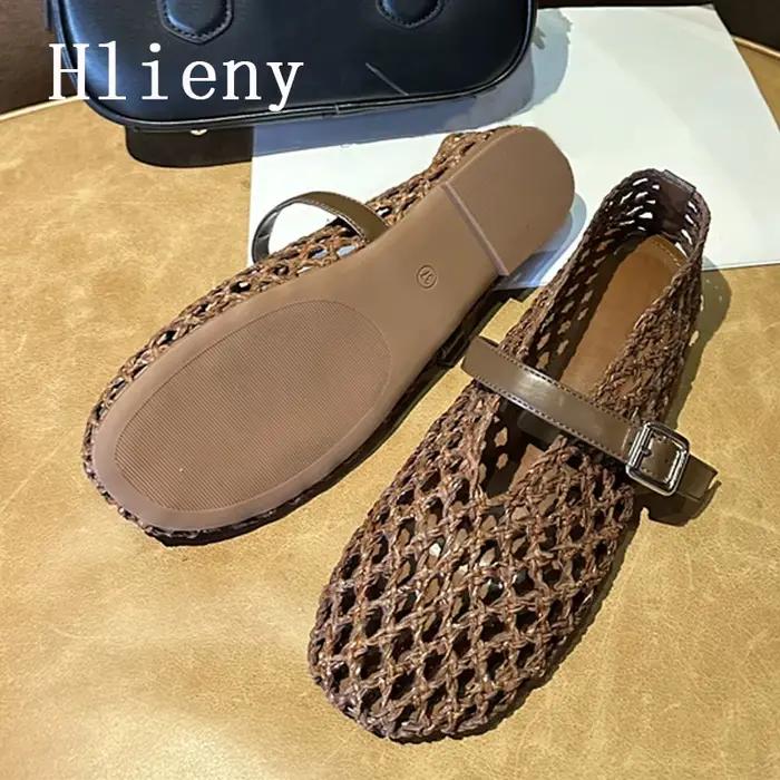 Hlieny été tissage évider maille chaussures plates femmes mode bout rond boucle sangle mocassins dames décontracté Mary Jane chaussure Mules sandale