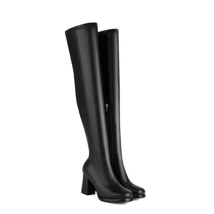 Cuissardes hautes femmes mode or argent bout rond fermeture éclair hiver automne bloc talons hauts sur les genoux