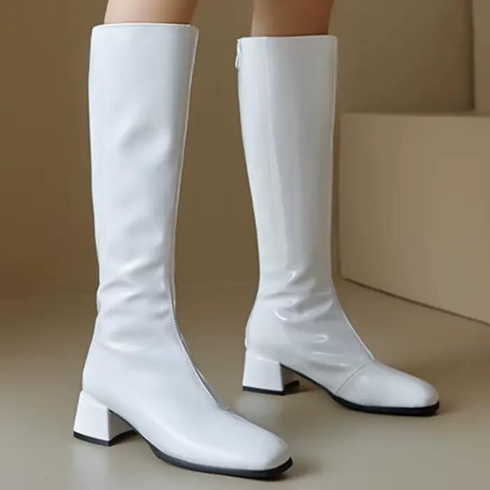 Rose femmes genou bottes hautes élégant automne hiver chaussures noir blanc rouge talons bas botte longue fermeture