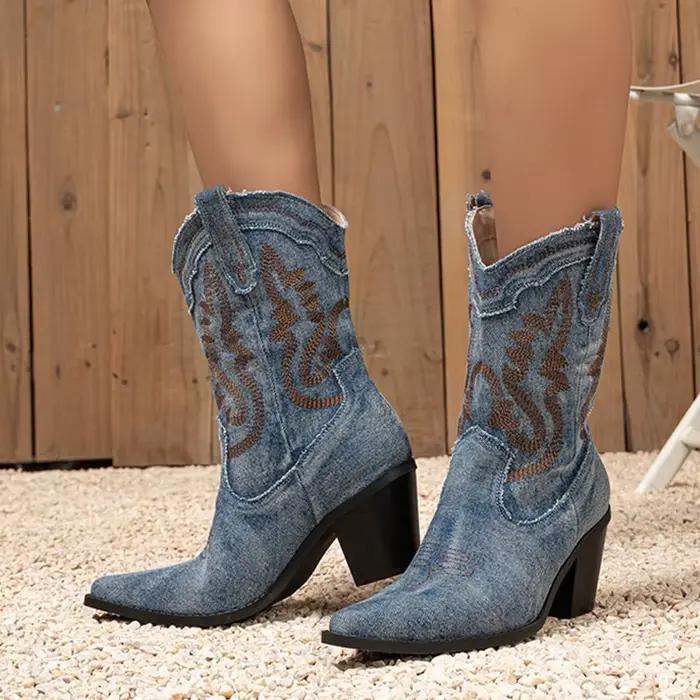 Bottes vintage femmes Liyke broderie denim talons de sabot élégantes pour soirée gala et événements de charité ocasions spéciales