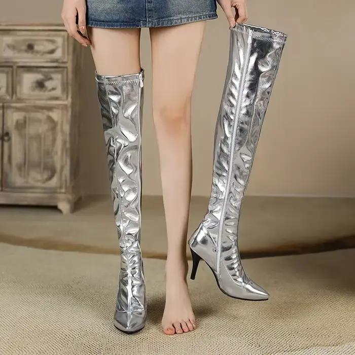 Bottes d'hiver en PU métallique doré et argentées au-dessus du genou pour femmes, talons pointus, fermeture éclair, occassions spéciales, danse en barre, spectacle, club, fête