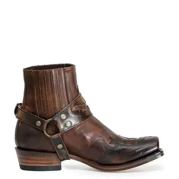 Bottines occidentales en cuir pour hommes, accents de boucle, détails brodés, Style Chic robuste pour les sorties d'automne/hiver, looks de mode