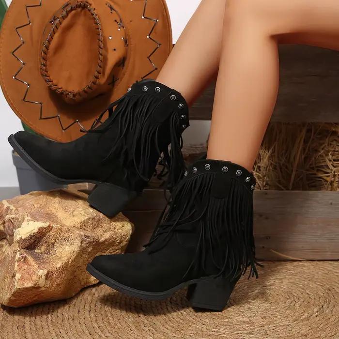 Femmes Cowboy bottes gland talons épais bout pointu chaussures