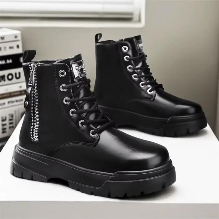 Bottes de travail de moto à semelles épaisses mi-mollet pour hommes en cuir artificiel style britannique robustes et élégantes pour hiver et travail