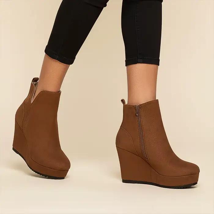 Bottines compensées zippées mode bout rond plate-forme gommage daim grande taille chaussures en coton à talons
