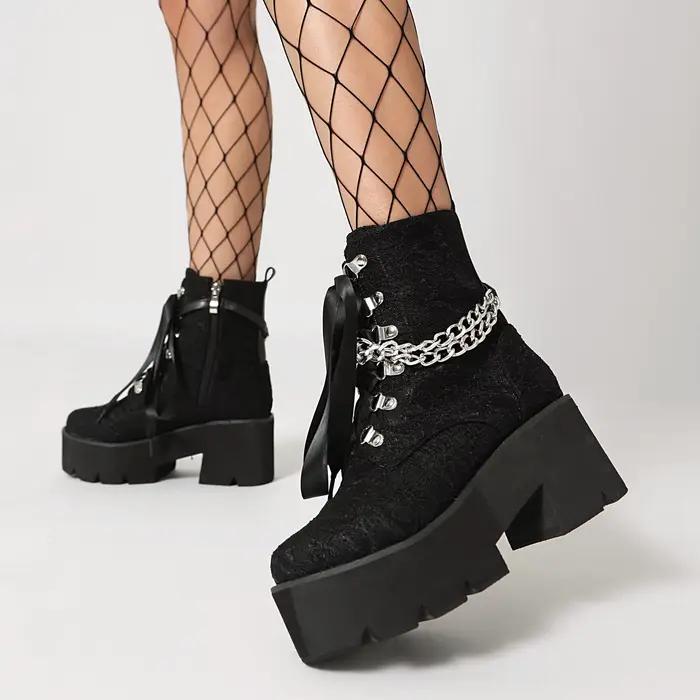 JODecor-Bottes compensées confortables pour femmes, chaussures à plateforme, dentelle florale, patchwork, PU, rouge, noir, punk, rinçage, hiver