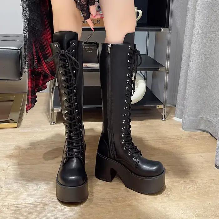 Bottes hautes à plateforme, bout rond, plateforme à lacets, bottes antidérapantes à talons bloc pour femmes