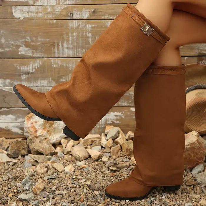 Bottines mi-mollet pour femmes, bout pointu, talon bloc bas, dessus lisse, tige souple, détails en métal, chaussures décontractées et tendance.