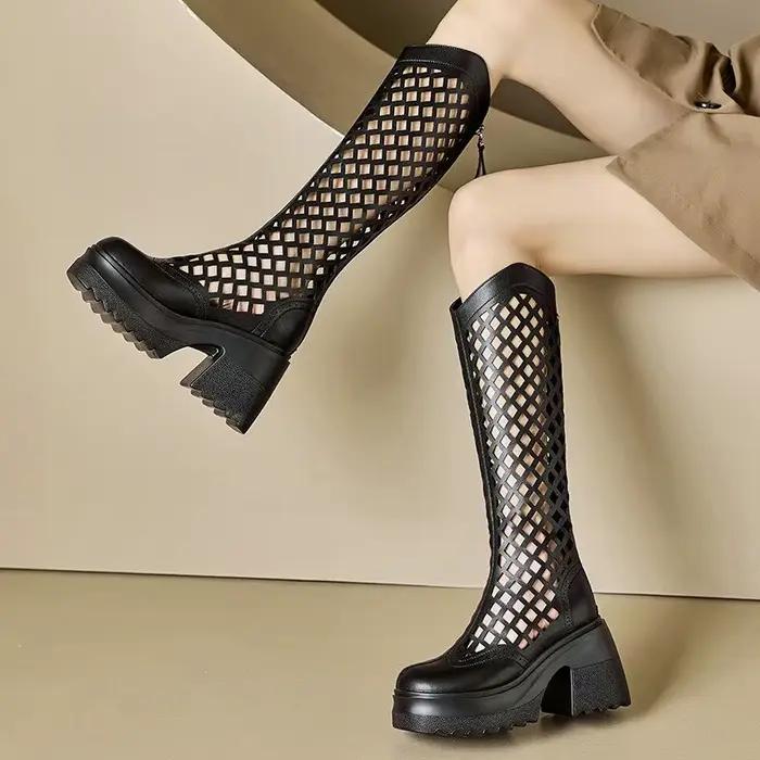 Bottes d'été ajourées pour femmes, Tube Long de 10CM, talons hauts, cuir de vache blanc, rehaussant, amincissant, en maille haute
