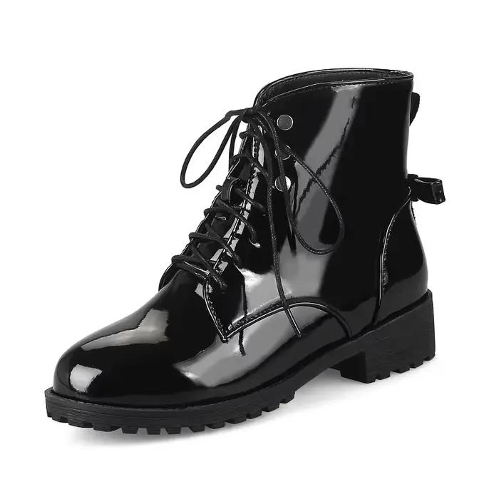 Femmes bottes en cuir verni à lacets bottes de Combat femmes automne hiver chaussures talons bas bottes cheville botas femininas WSH4144