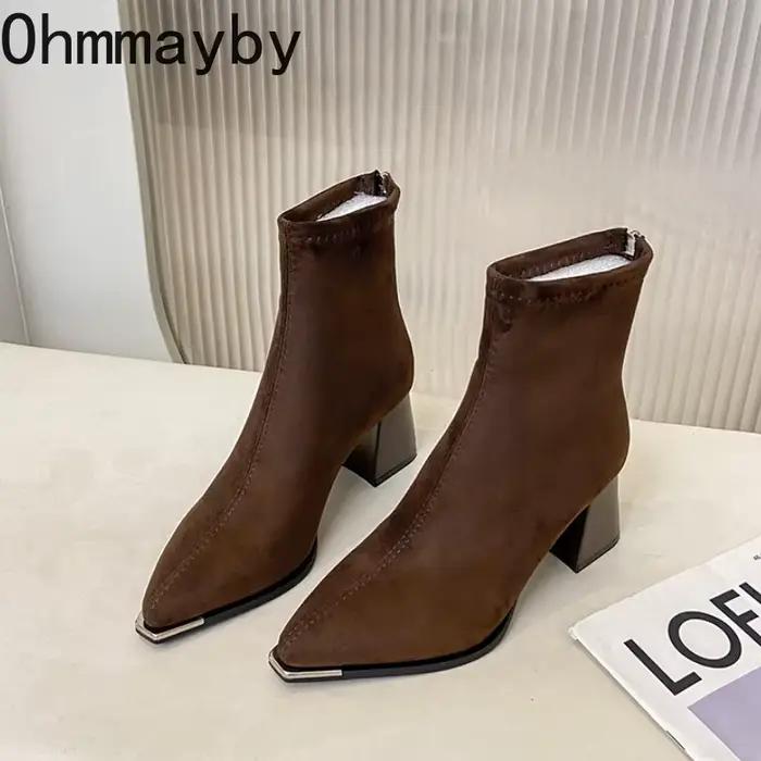 Bottines à talons épais pour femmes, chaussures courtes modernes à bout pointu, Style de rue, strip-teaseuse de fête, hiver