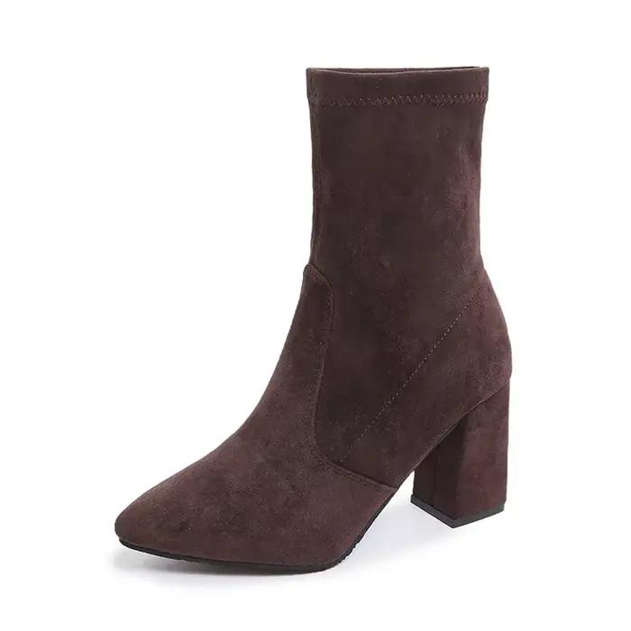 Bottes courtes en velours pour femmes, automne hiver, talons hauts, Slim, bout pointu pointu, talon épais, grande taille, botte unique